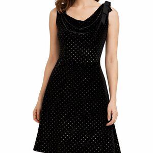 Elegant Black Velvet Polka Dot Dress with Bow Shoulder and Cowl Neck Size S